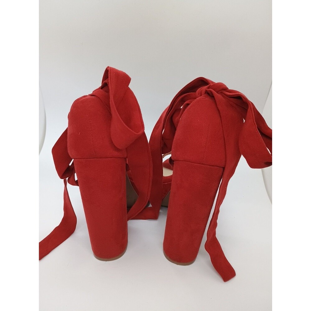 Fashion Nova Platform Sandals Womens Sz 6 Red 5" Block Heels Faux Suede Ties - Picture 4 of 8